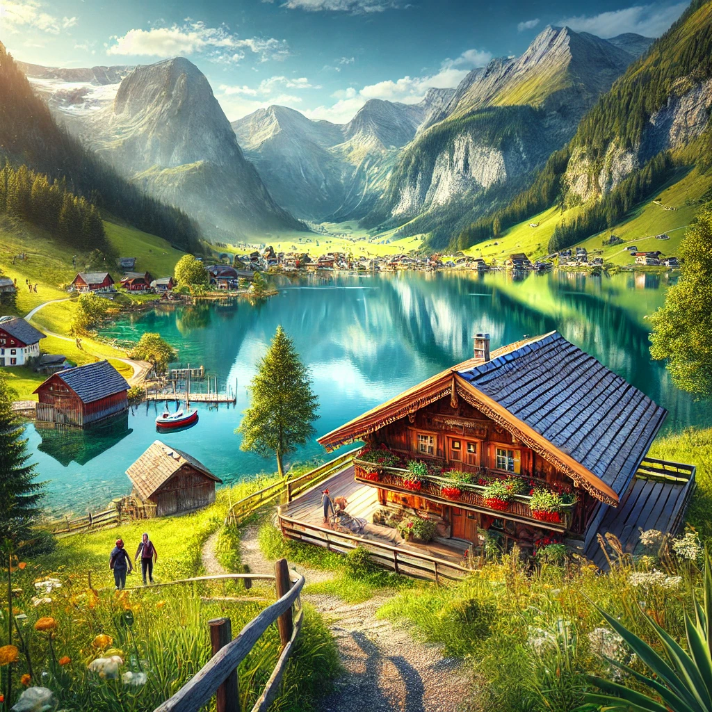 Das generierte Bild zeigt die Essenz des nachhaltigen Tourismus in Österreich: malerische Alpenlandschaften, traditionelle Architektur und Menschen, die die Natur genießen.